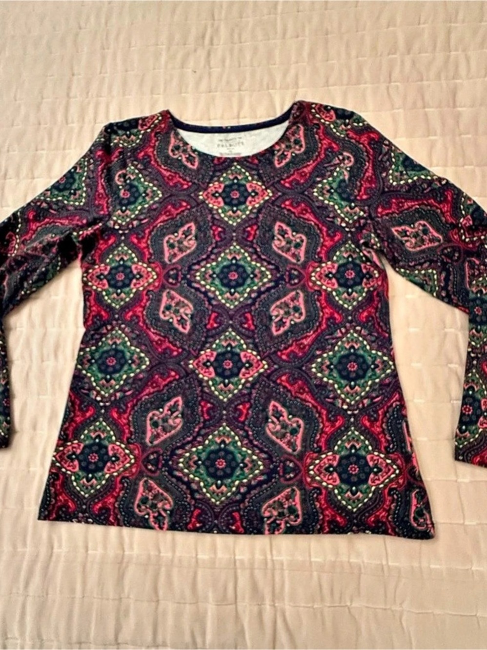 Talbots The Talbots Tee Long Sleeve Paisley Print Paisley Top Black & Green